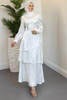 Tesettür giyim EKRU SATEN ABİYE ELBİSE T 2730
