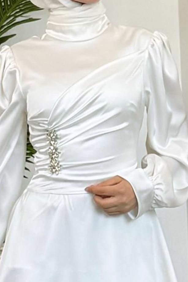 Tesettür giyim EKRU SATEN ABİYE ELBİSE T 2730 - TRENDTESETTÜR