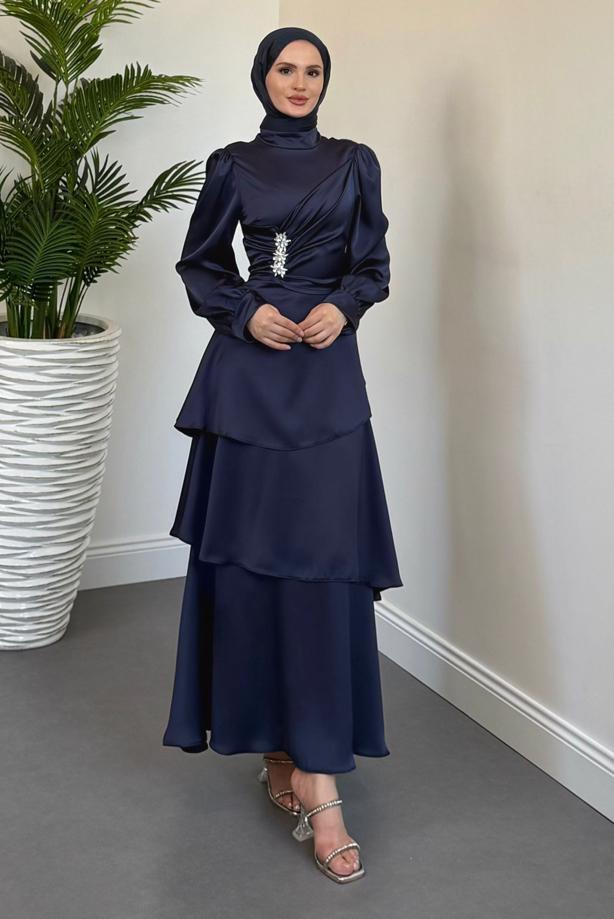 Tesettür giyim LACİVERT SATEN ABİYE ELBİSE T 2730 - TRENDTESETTÜR