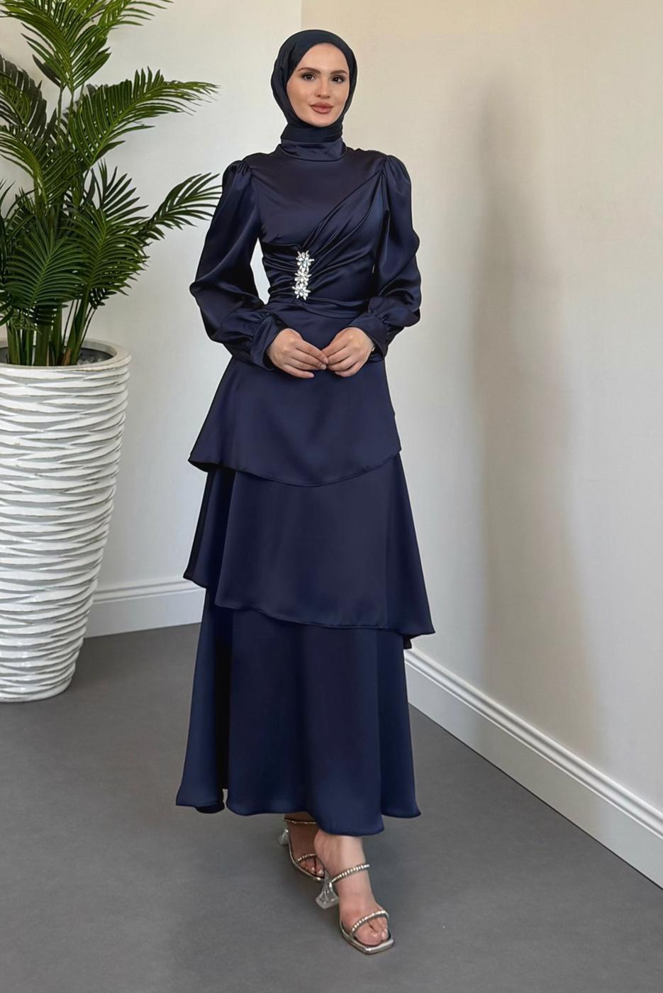 Tesettür giyim LACİVERT SATEN ABİYE ELBİSE T 2730