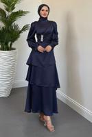 Tesettür giyim LACİVERT SATEN ABİYE ELBİSE T 2730