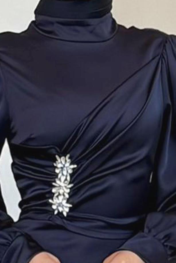 Tesettür giyim LACİVERT SATEN ABİYE ELBİSE T 2730 - TRENDTESETTÜR