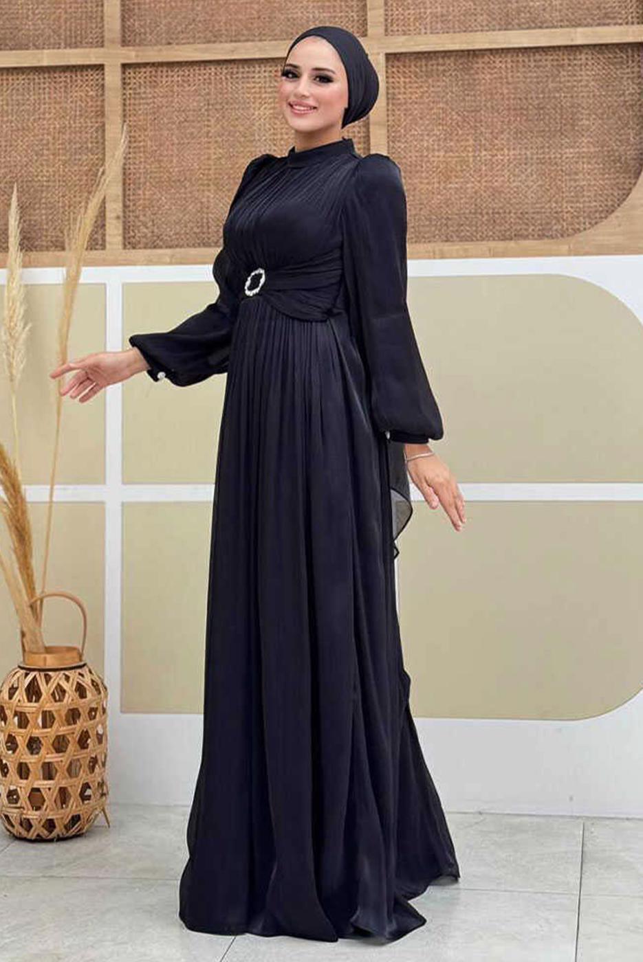 Tesettür giyim SİYAH BALON KOL ABİYE ELBİSE T 3107