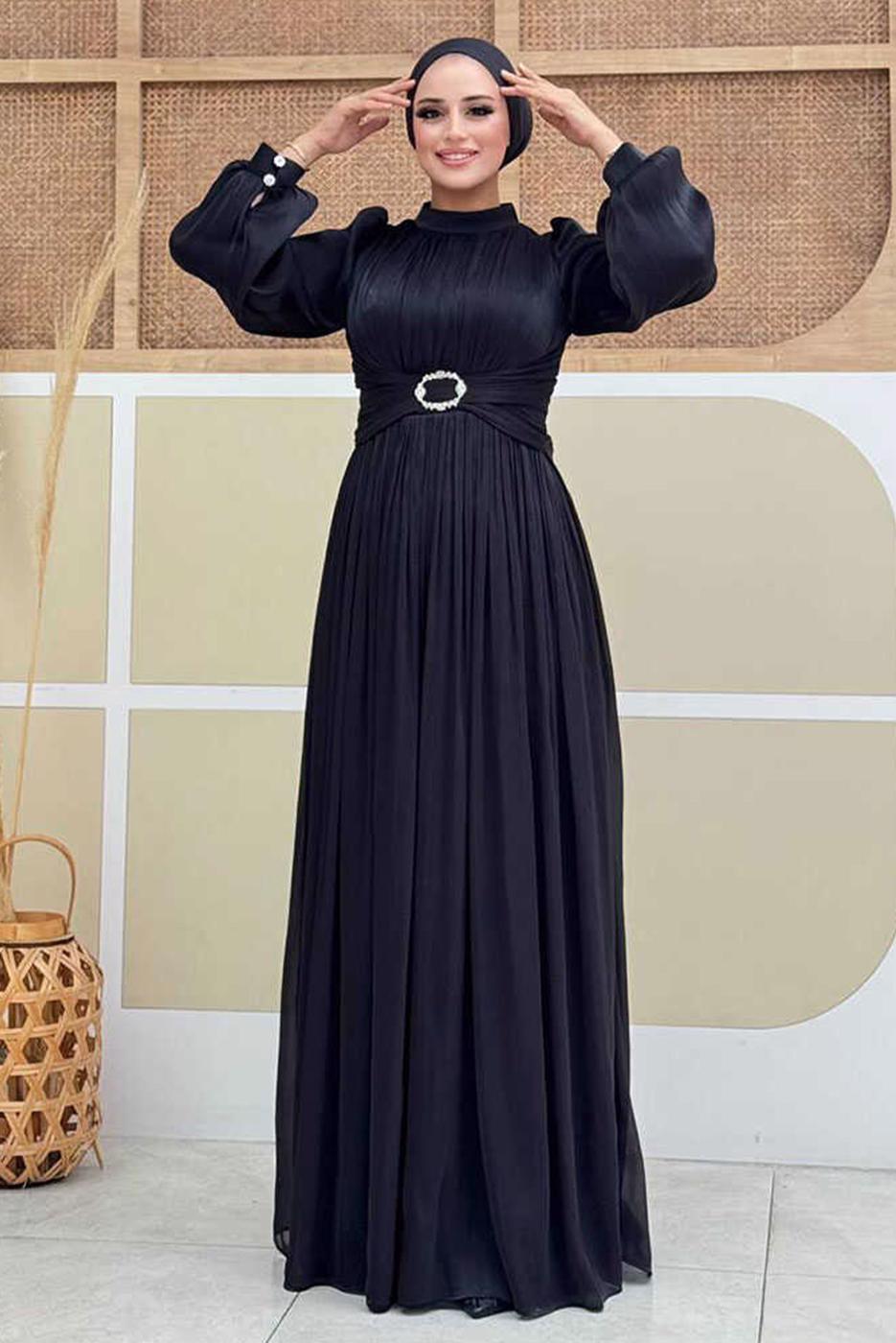 Tesettür giyim SİYAH BALON KOL ABİYE ELBİSE T 3107