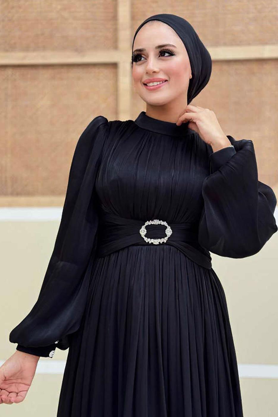 Tesettür giyim SİYAH BALON KOL ABİYE ELBİSE T 3107