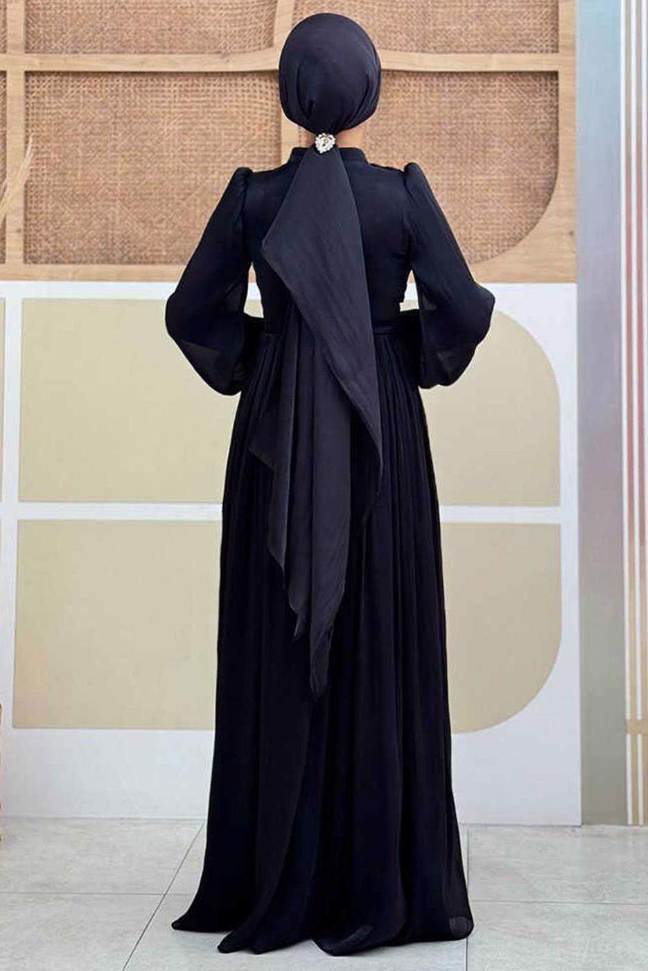 Tesettür giyim SİYAH BALON KOL ABİYE ELBİSE T 3107