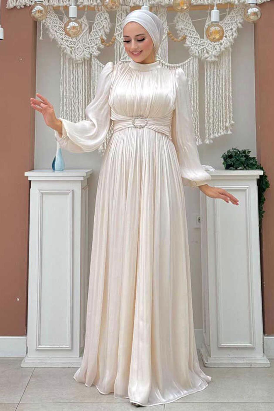 Tesettür giyim BEJ BALON KOL ABİYE ELBİSE T 3107
