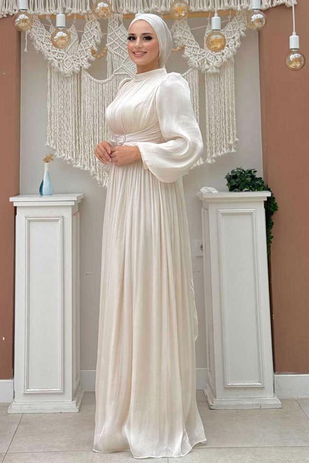 Tesettür giyim BEJ BALON KOL ABİYE ELBİSE T 3107 - TRENDTESETTÜR