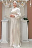 Tesettür giyim BEJ BALON KOL ABİYE ELBİSE T 3107