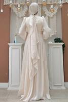 Tesettür giyim BEJ BALON KOL ABİYE ELBİSE T 3107