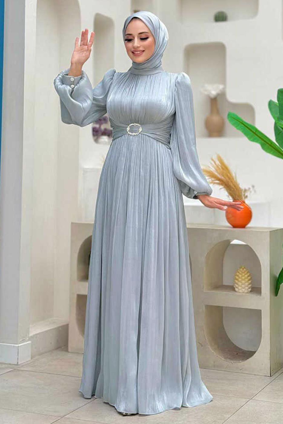 Tesettür giyim GRİ BALON KOL ABİYE ELBİSE T 3107