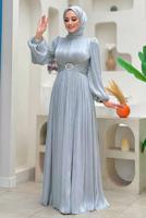 Tesettür giyim GRİ BALON KOL ABİYE ELBİSE T 3107