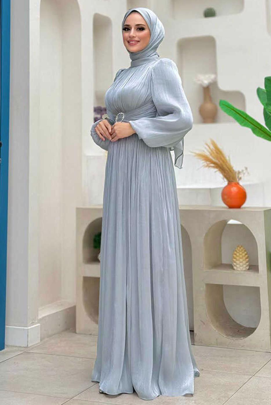 Tesettür giyim GRİ BALON KOL ABİYE ELBİSE T 3107