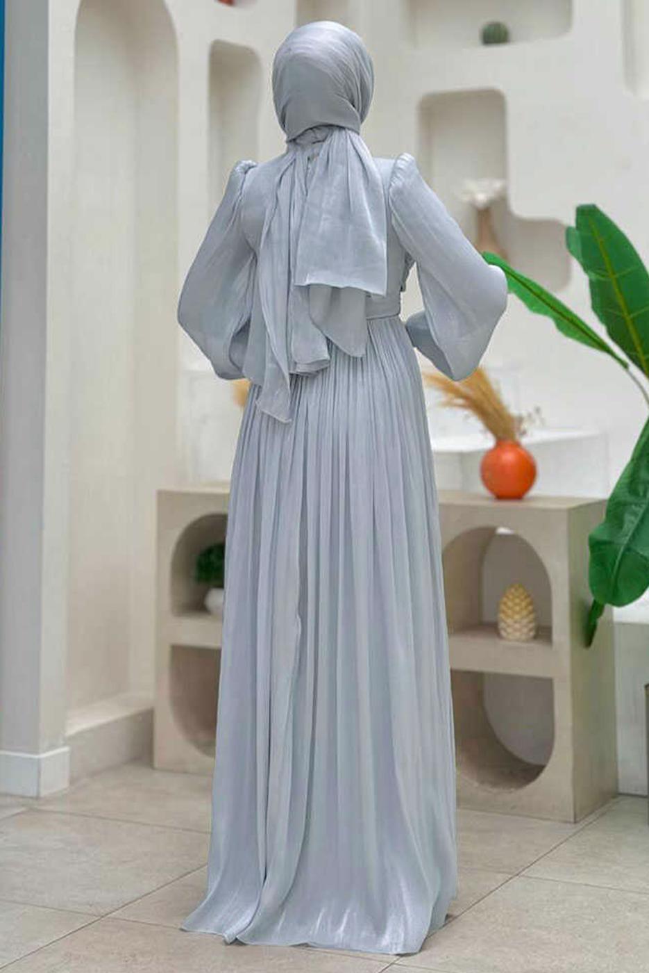 Tesettür giyim GRİ BALON KOL ABİYE ELBİSE T 3107