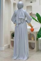 Tesettür giyim GRİ BALON KOL ABİYE ELBİSE T 3107