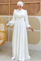 Tesettür giyim EKRU BALON KOL ABİYE ELBİSE T 3107