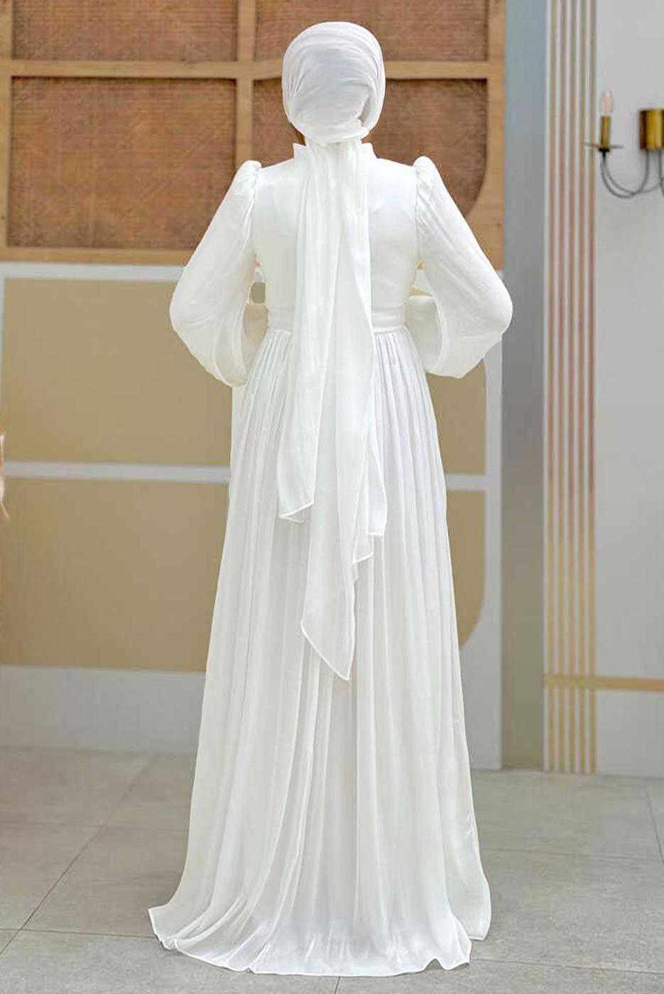 Tesettür giyim EKRU BALON KOL ABİYE ELBİSE T 3107