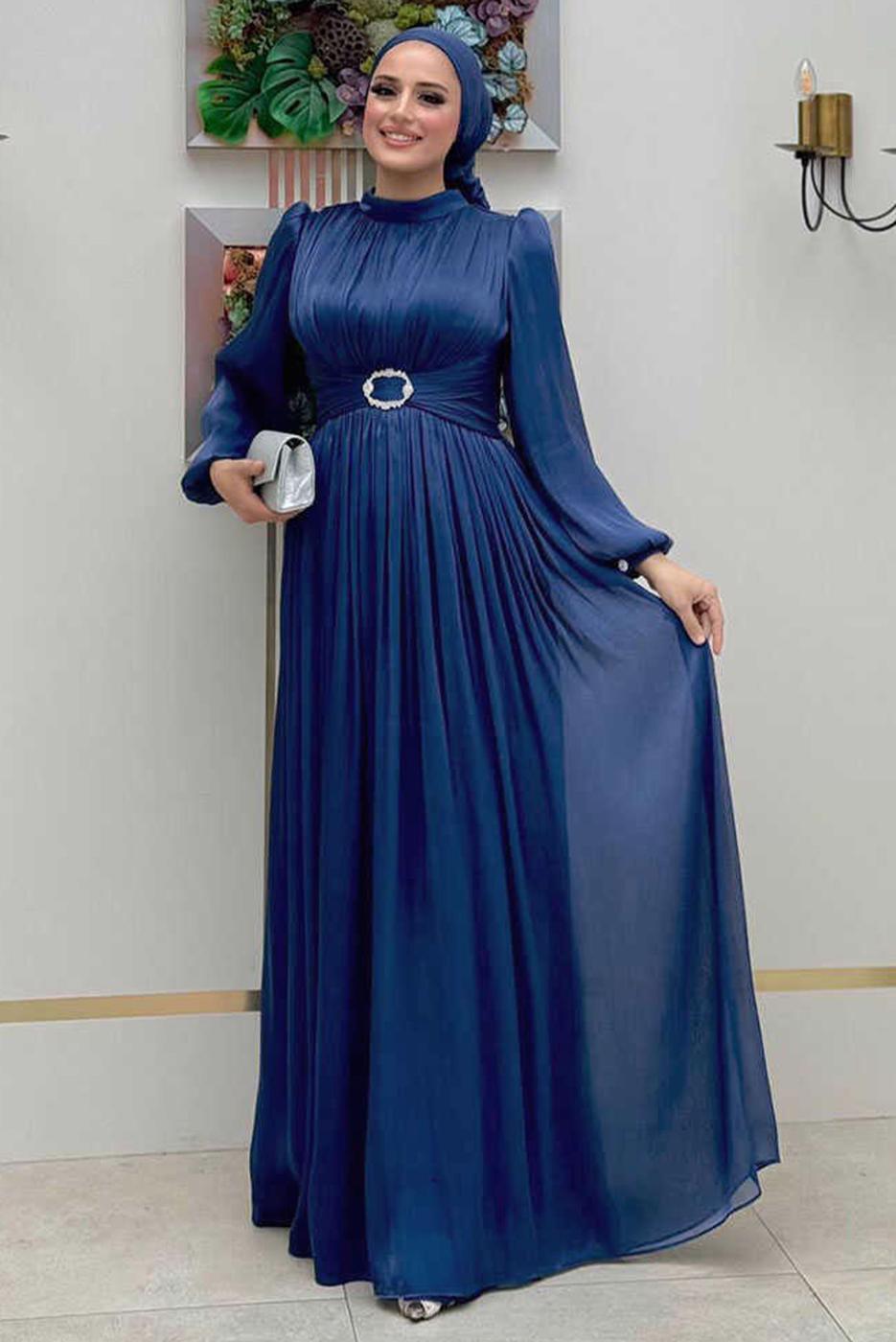 Vêtements hijab BLEU MARINE ROBE DE SOIRÉE À MANCHES BALLON T 3107