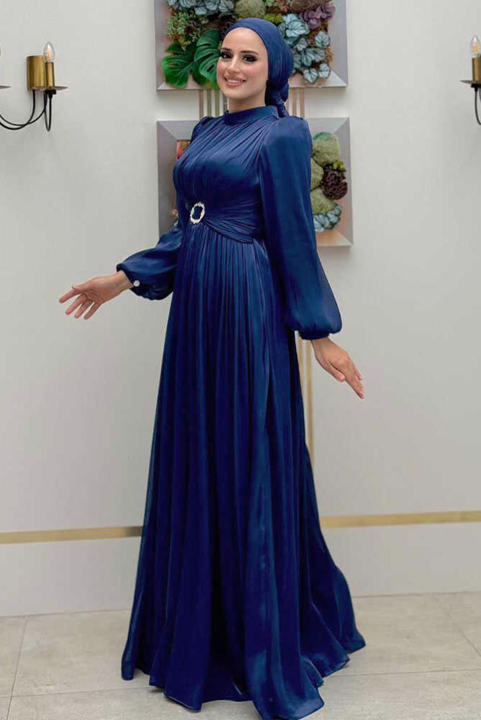Vêtements hijab BLEU MARINE ROBE DE SOIRÉE À MANCHES BALLON T 3107