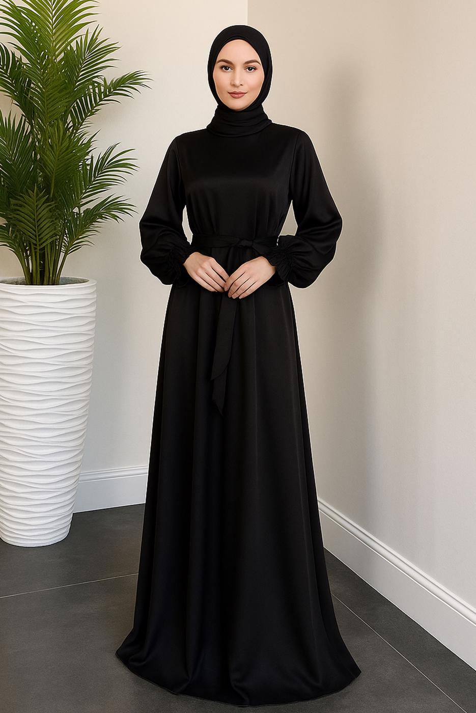 Tesettür giyim SİYAH KUŞAKLI SATEN ABİYE ELBİSE T 3126