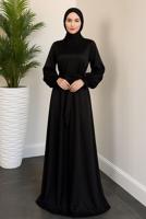 Tesettür giyim SİYAH KUŞAKLI SATEN ABİYE ELBİSE T 3126