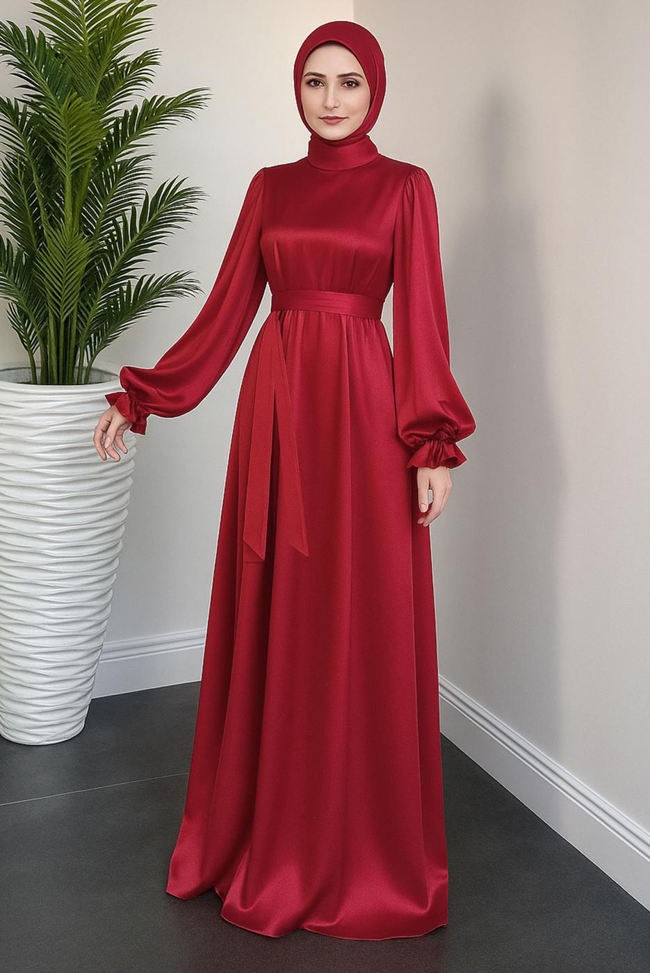 Tesettür giyim KIRMIZI KUŞAKLI SATEN ABİYE ELBİSE T 3126