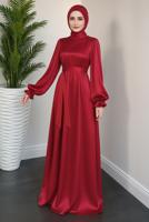 Tesettür giyim KIRMIZI KUŞAKLI SATEN ABİYE ELBİSE T 3126