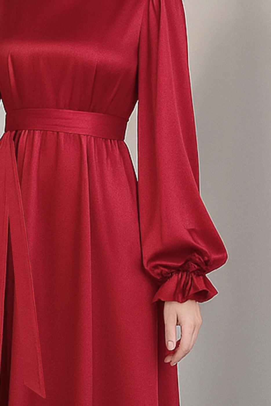 Tesettür giyim KIRMIZI KUŞAKLI SATEN ABİYE ELBİSE T 3126