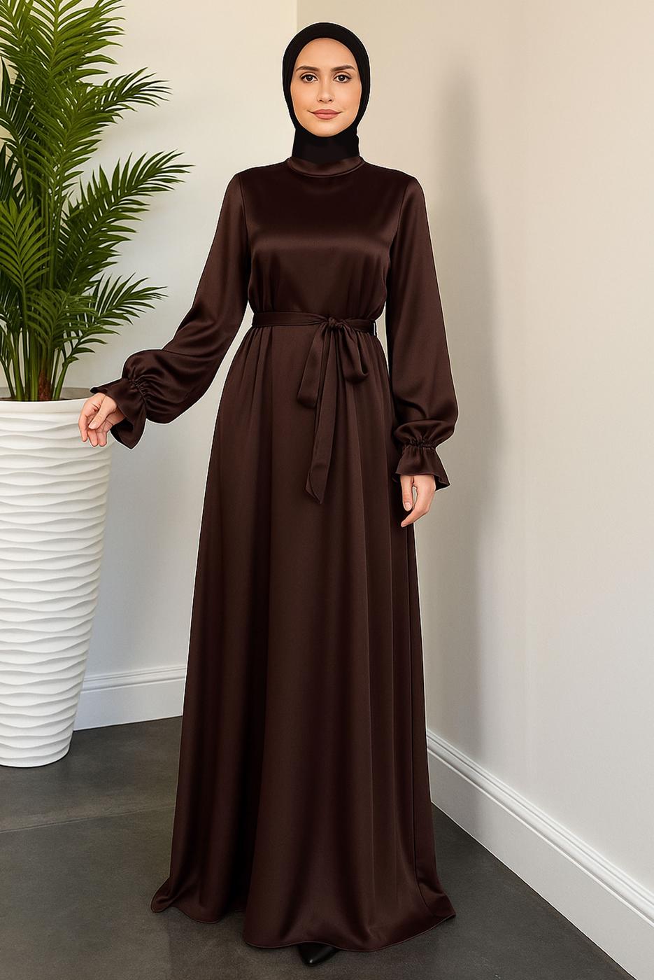 Tesettür giyim KAHVE KUŞAKLI SATEN ABİYE ELBİSE T 3126