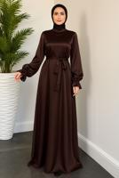 Tesettür giyim KAHVE KUŞAKLI SATEN ABİYE ELBİSE T 3126