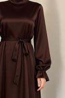 Tesettür giyim KAHVE KUŞAKLI SATEN ABİYE ELBİSE T 3126