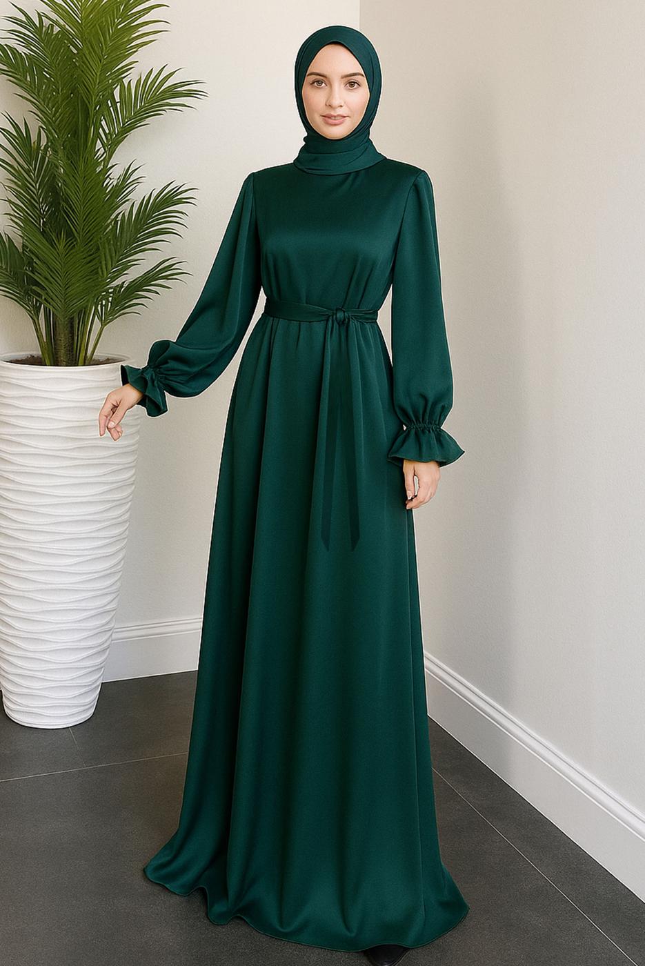 Tesettür giyim YEŞİL KUŞAKLI SATEN ABİYE ELBİSE T 3126