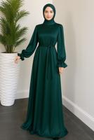 Tesettür giyim YEŞİL KUŞAKLI SATEN ABİYE ELBİSE T 3126
