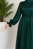 Tesettür giyim YEŞİL KUŞAKLI SATEN ABİYE ELBİSE T 3126