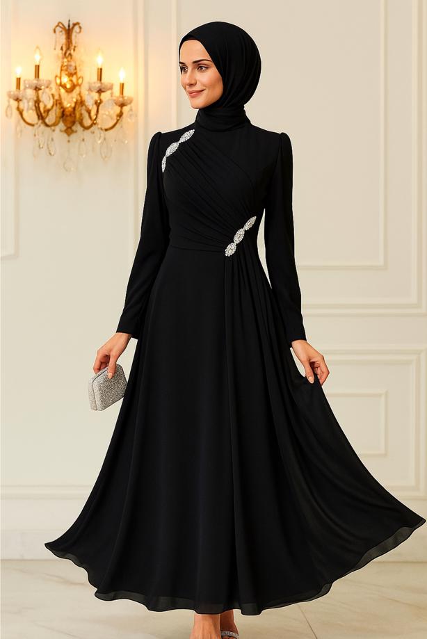Tesettür giyim SİYAH TAŞ DETAYLI ABİYE ELBİSE T 3163 - TRENDTESETTÜR