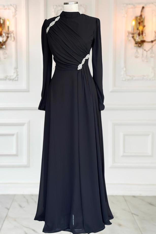 Tesettür giyim SİYAH TAŞ DETAYLI ABİYE ELBİSE T 3163 - TRENDTESETTÜR