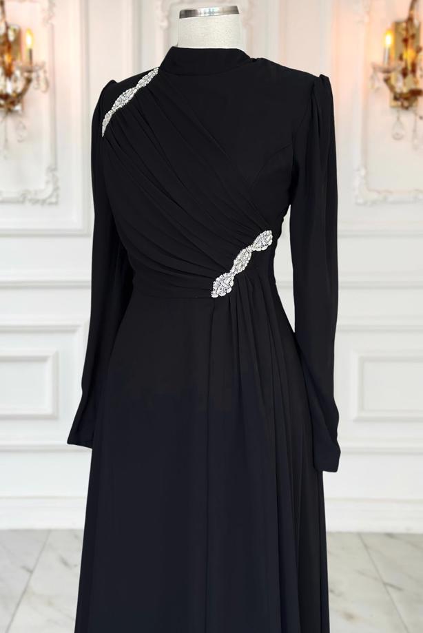 Tesettür giyim SİYAH TAŞ DETAYLI ABİYE ELBİSE T 3163 - TRENDTESETTÜR