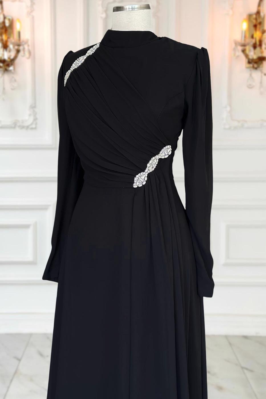 Tesettür giyim SİYAH TAŞ DETAYLI ABİYE ELBİSE T 3163