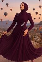 Vêtements hijab ROUGE BORDEAUX ROBE DE SOIRÉE DÉTAILLÉE DE GEMMES T 3163
