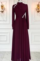 Vêtements hijab ROUGE BORDEAUX ROBE DE SOIRÉE DÉTAILLÉE DE GEMMES T 3163