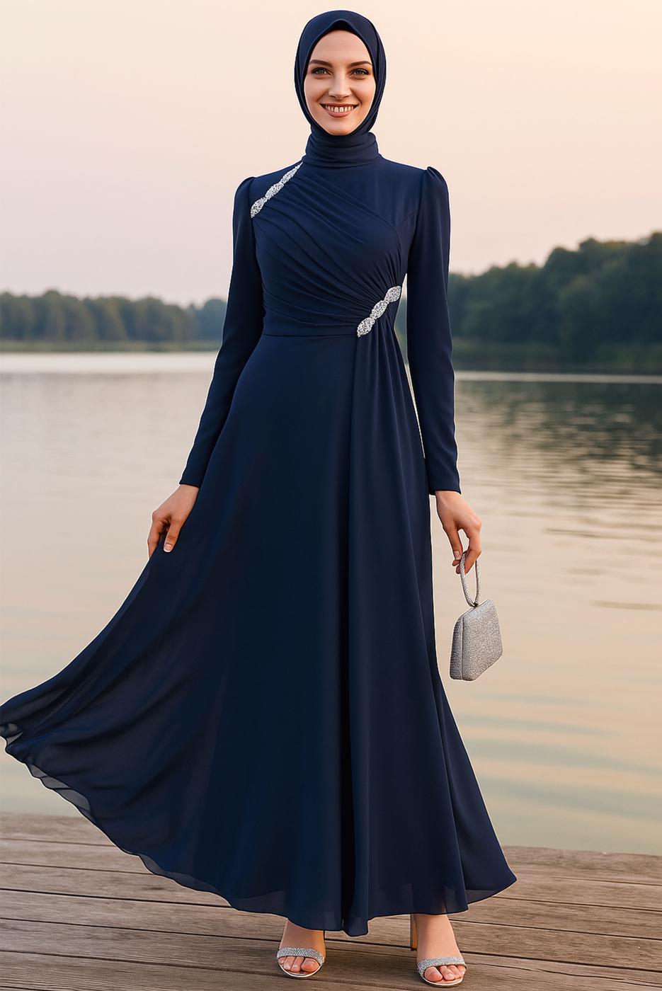 Vêtements hijab BLEU MARINE ROBE DE SOIRÉE DÉTAILLÉE DE GEMMES T 3163