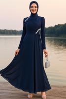Vêtements hijab BLEU MARINE ROBE DE SOIRÉE DÉTAILLÉE DE GEMMES T 3163