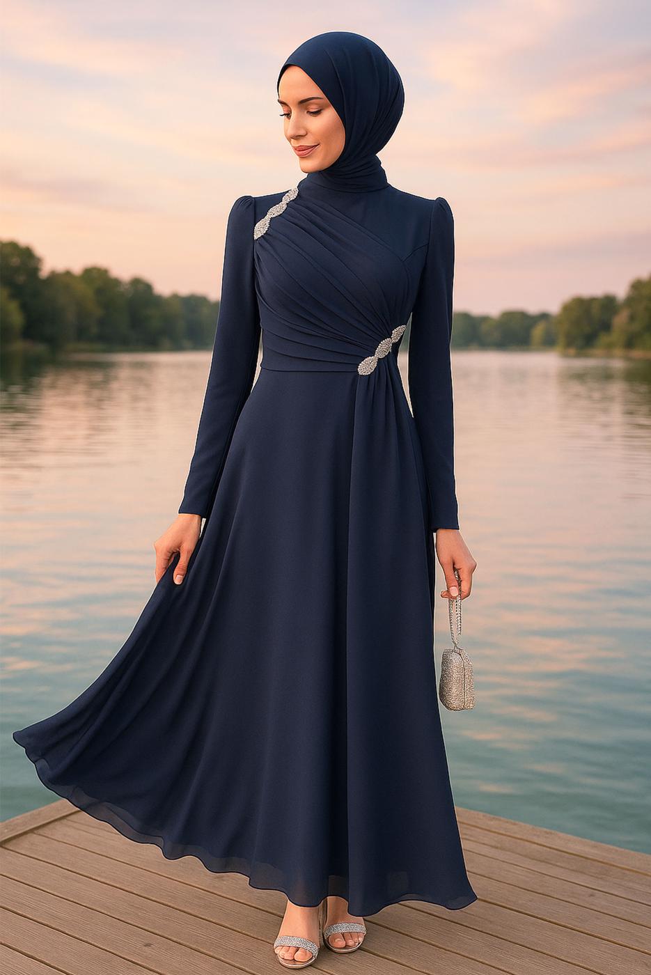 Vêtements hijab BLEU MARINE ROBE DE SOIRÉE DÉTAILLÉE DE GEMMES T 3163