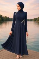 Vêtements hijab BLEU MARINE ROBE DE SOIRÉE DÉTAILLÉE DE GEMMES T 3163