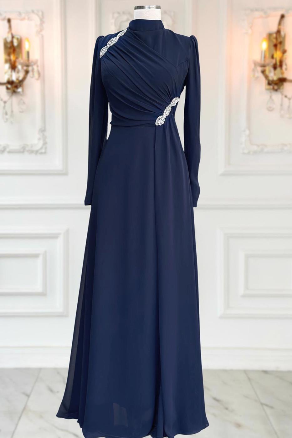 Vêtements hijab BLEU MARINE ROBE DE SOIRÉE DÉTAILLÉE DE GEMMES T 3163