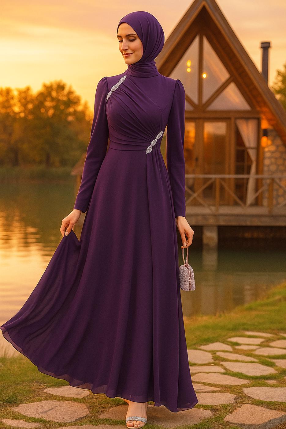 Vêtements hijab PRUNE ROBE DE SOIRÉE DÉTAILLÉE DE GEMMES T 3163