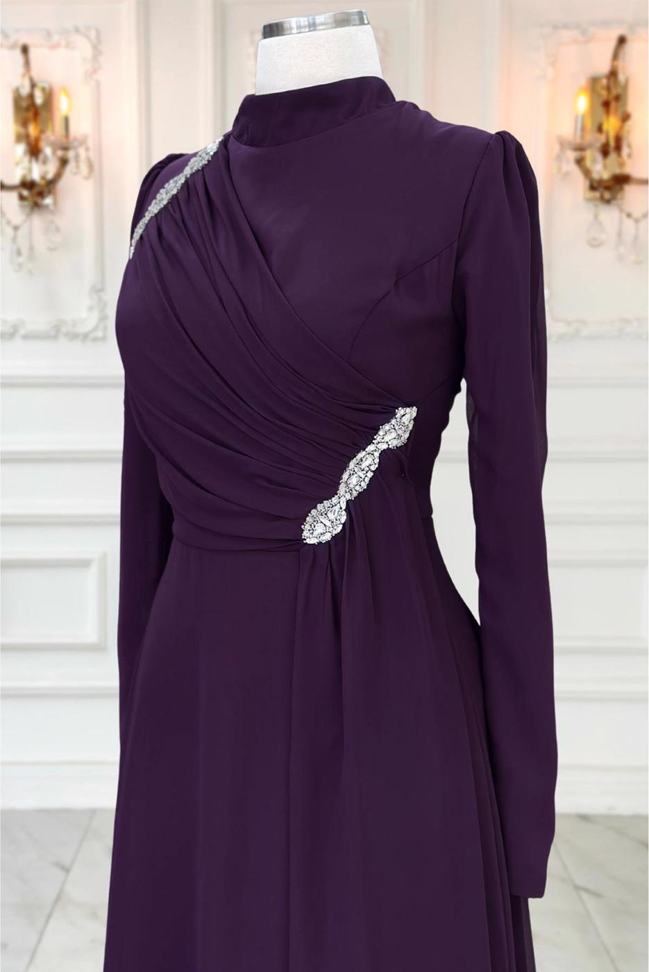 Vêtements hijab PRUNE ROBE DE SOIRÉE DÉTAILLÉE DE GEMMES T 3163