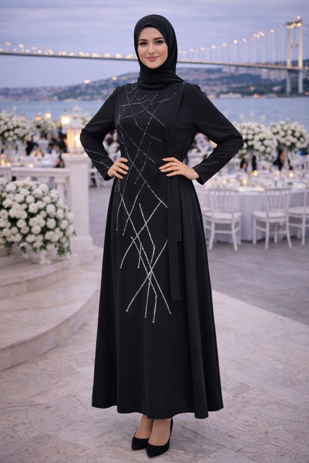 Vêtements hijab NOIR ROBE DE SOIRÉE AVEC BIJOU T 3331 - TRENDTESETTÜR