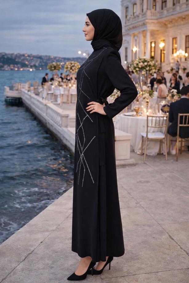 Vêtements hijab NOIR ROBE DE SOIRÉE AVEC BIJOU T 3331 - TRENDTESETTÜR