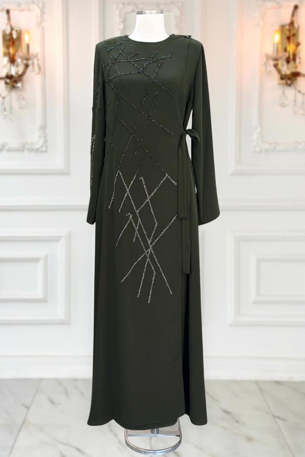 Vêtements hijab KAKI ROBE DE SOIRÉE AVEC BIJOU T 3331 - TRENDTESETTÜR